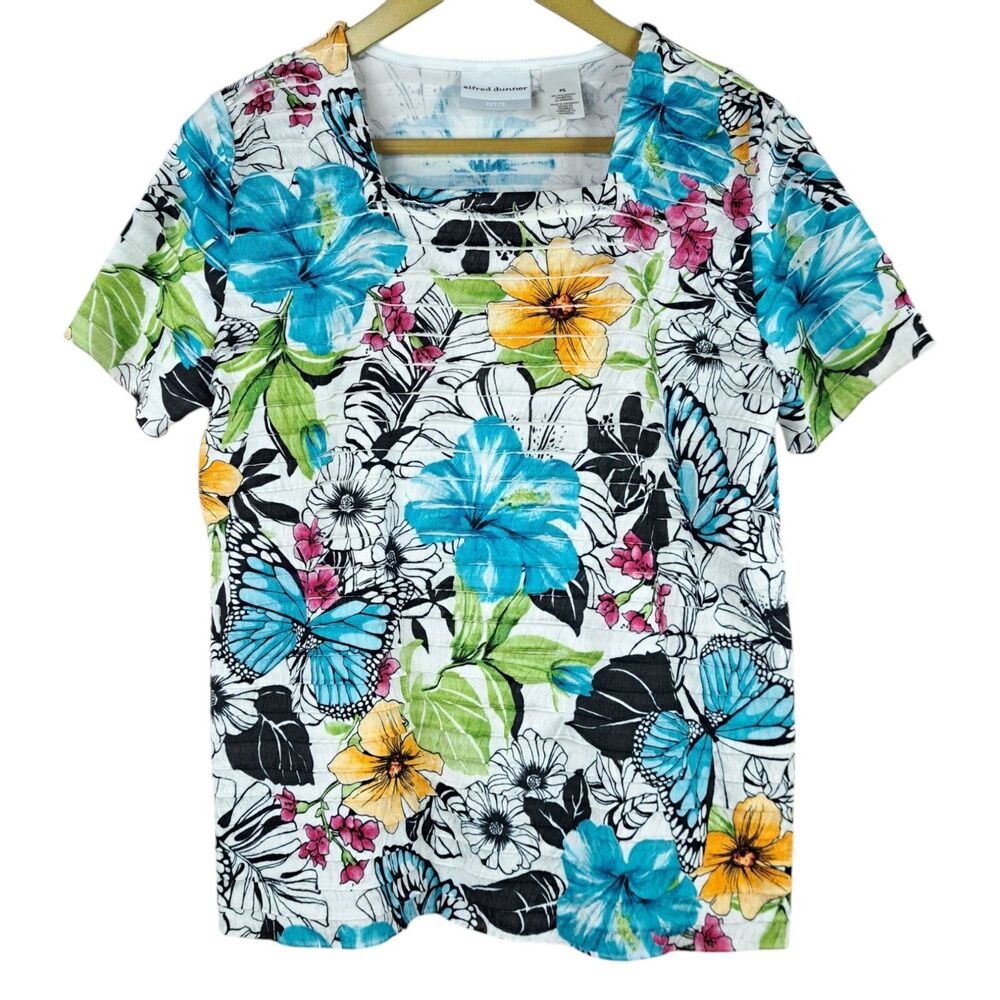 Alfred Dunner Short Sleeve Top Multicolor Printed Ruffles Blouse Flowers PS